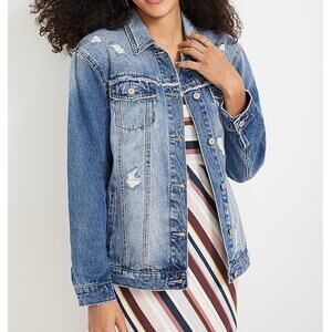 KanCan Medium Blue Wash Destructed Oversized Boyfriend Trucker Denim Jean Jacket